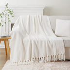 BATTILO HOME Cream Throw Blanket for Couch, Textured Knitted Throw Blanket with Tassels, Couch Cover Blanket Warm Decorative White Throw Blankets for Sofa Living Room, 60" x 80"