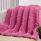 Carriediosa Chunky Knit Throw Blanket 50" X 60", 100% Hand Made Large Chenille Loop Yarn Soft Fluffy Throws for Couch Sofa Bed, Big Crochet Cozy Heavy Thick Cable Woven Blankets, Hot Pink