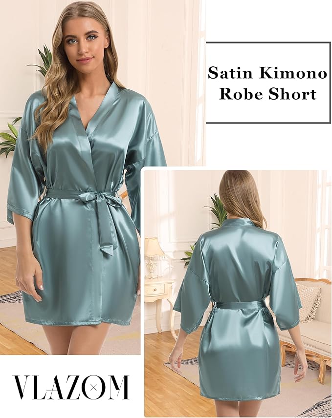 Vlazom Womens Kimono Robes Dressing Gown Satin Bathrobe Nightdress Short Style Bridal Robe