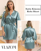 Vlazom Womens Kimono Robes Dressing Gown Satin Bathrobe Nightdress Short Style Bridal Robe