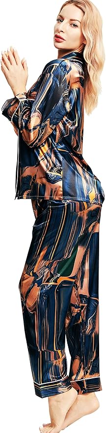 SIHA Satin Silk Pajamas for Women Pajama Set With Long Sleeve Button-Down Satin Pajamas Sleepwear XS-3XL