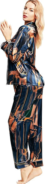 SIHA Satin Silk Pajamas for Women Pajama Set With Long Sleeve Button-Down Satin Pajamas Sleepwear XS-3XL