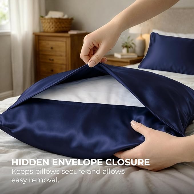Pure Bedding Satin Pillowcase 2 Pack - King Size (20"x40", Midnight Blue) - Silky Pillow Cases for Hair and Skin - Satin Pillow Covers with Envelope Closure - Extra Soft Premium Microfiber