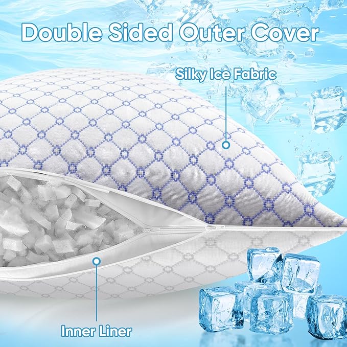 OAISZ Cooling Pillow Queen Size Set of 2, Shredded Memory Foam Bed Pillows for Sleeping, Adjustable Pillows with Cooling Cover, Soft Yet Supportive Memory Foam Pillows for Side Back Stomach Sleepers