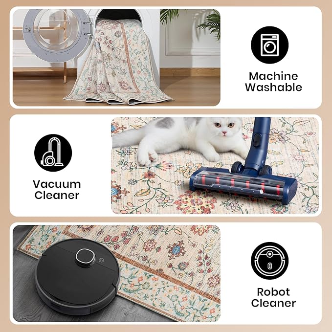 Washable 5x7 Area Rugs Floral Rugs for Bedroom Washable Non Slip Low Pile Soft Carpet for Living Room Bedroom Dinning Room CRYPTOLITE