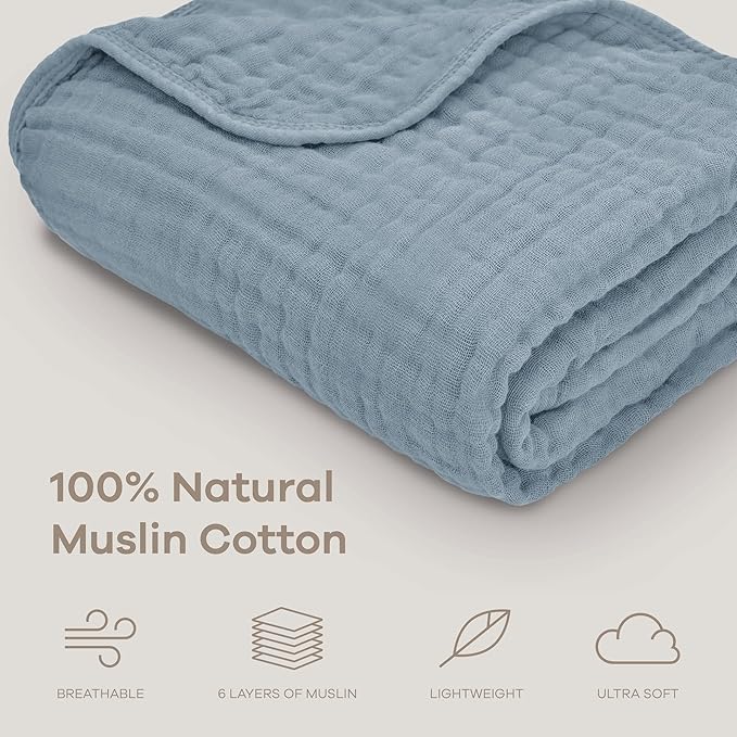 Comfy Cubs Muslin Baby Blanket - Soft, Lightweight, 6-Layer Cotton Swaddle Blankets for Newborns, Infants & Toddlers - 40" x 40" Large, Breathable & Versatile for Sleeping & Tummy Time - Pacific Blue