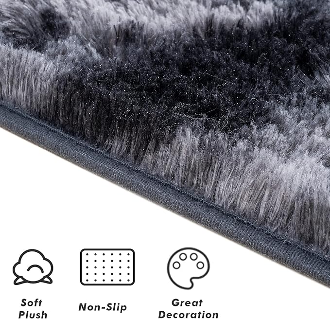 Softlife Area Rug for Bedroom, Fluffy Shag Plush Tie Dyed Rainbow Black for Living Room Girls, Shaggy Throw Carpet for Kids Soft Fuzzy Runner Small 2x6 Runners for Hallways Dorm