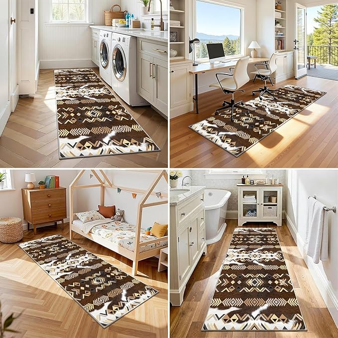 Western Runner Rug,3x8ft,Farmhouse Cow Print Runner Rug,Southwestern Native American Aztec Kitchen Rugs,Soft Non-Slip Washable Rustic Cabin Decor Cowhide Rugs,for Hallways Entry Western Decor