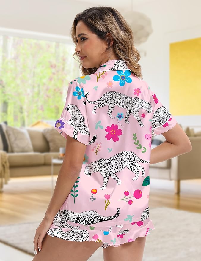 Silk Satin Pajama Set for Women 3-piece Short Sleeve Pajama with Pants Ruffle Shorts Cute Pj Set Button Down Sleepwear