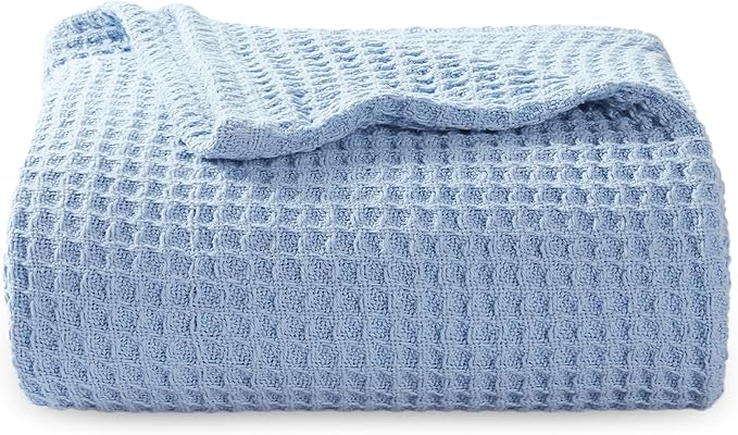 Bedsure Gentlesoft 100% Cotton Throw Blanket for Couch 50x70 inches - Cooling Breathable and Soft for Spring Summer, Waffle Weave Throw Blanket for Office, Sky Blue