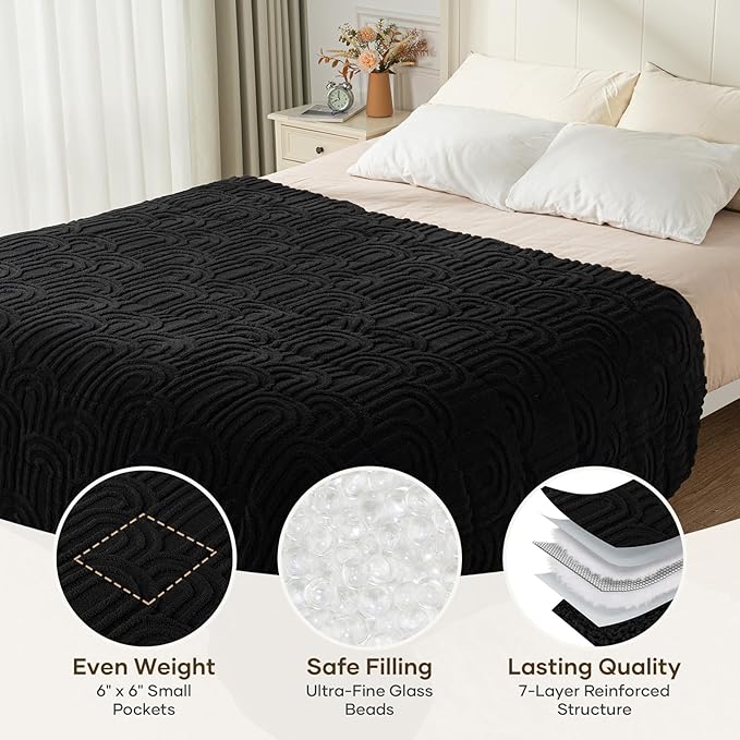Cottonblue Jacquard Weighted Blanket for Adults 15 lbs Twin Size, Cozy Fluffy Sherpa Fleece Weighted Throw Blankets 48" x 72" for Sleep Relax, Fuzzy Warm Arch Heavy Blanket Soft for Bed Couch, Black