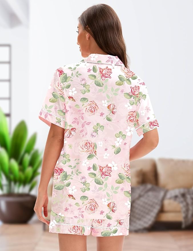 EPLAZA Silk Pajamas for Women Satin Pajamas Set 5 Pcs Long Sleeve Print Pattern Button Down Pjs Sleepwear Loungewear Set