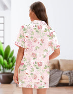 EPLAZA Silk Pajamas for Women Satin Pajamas Set 5 Pcs Long Sleeve Print Pattern Button Down Pjs Sleepwear Loungewear Set