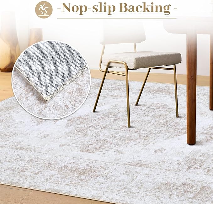 XLUEZ Area Rug 5x7 Living Room Rug, Machine Washable Vintage Distressed Medallion Rug Non-Slip Soft Low Pile Large Indoor Rugs for Bedroom Kitchen Dining Room Office(Beige,5'x7')
