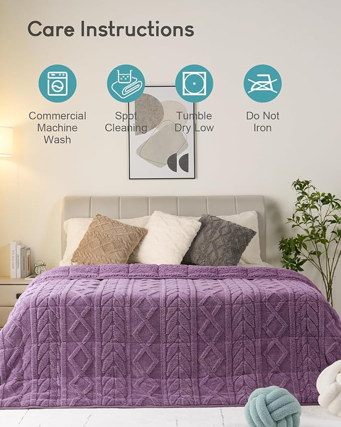 Cottonblue Jacquard Weighted Blanket 15 lbs for Adults Queen Twin Full Size, Fuzzy Sherpa Fleece Weighted Throw Blankets 60x80 in for Relax & Sleep, Cozy Heavy Bed Blankets with Glass Beads, Purple