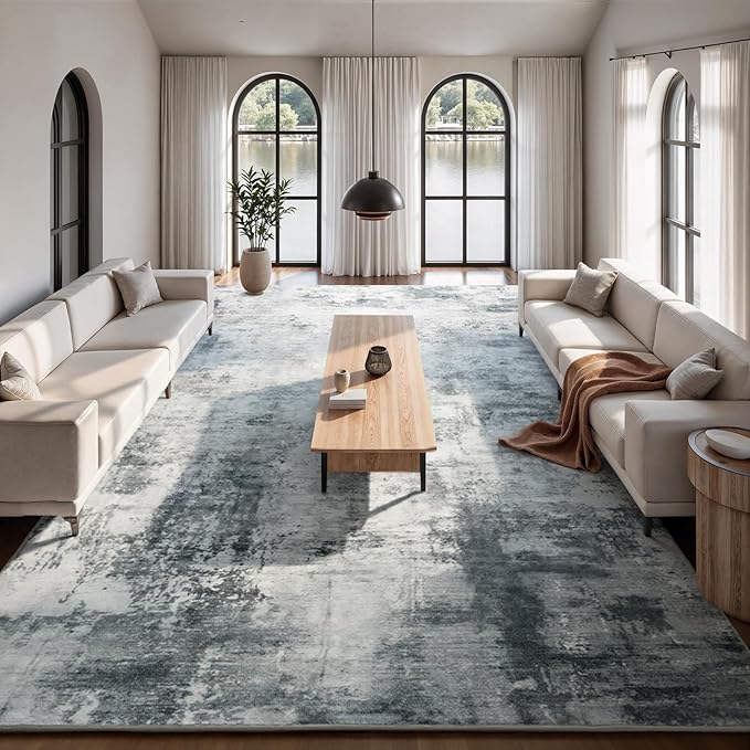 CRYPTOLITE Abstract Area Rug 9x12 Washable Rug with Non-Slip Backing Low Pile Area Rug Area Rugs for Living Room, Bedroom, Dining Room, Grey