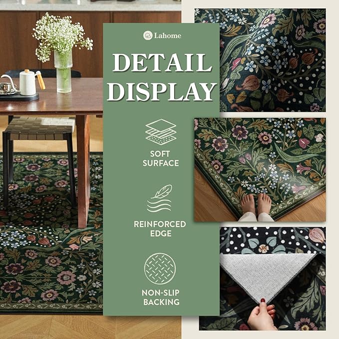 Lahome Claude Floral Kitchen Runner Rug, 2.6x8 Green Non Slip Hallway Runner Rug, Soft Thin Stain Resistant Long Carpet for Laundry, Washable Boho Carpets for Bathroom Entryway