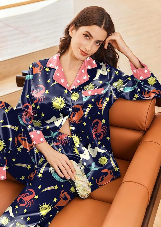 Ekouaer Silk Pajamas for Women Long Sleeve Satin Pajama Set Silky Pj Sets 2 Piece Button Down Loungewear Sleepwear