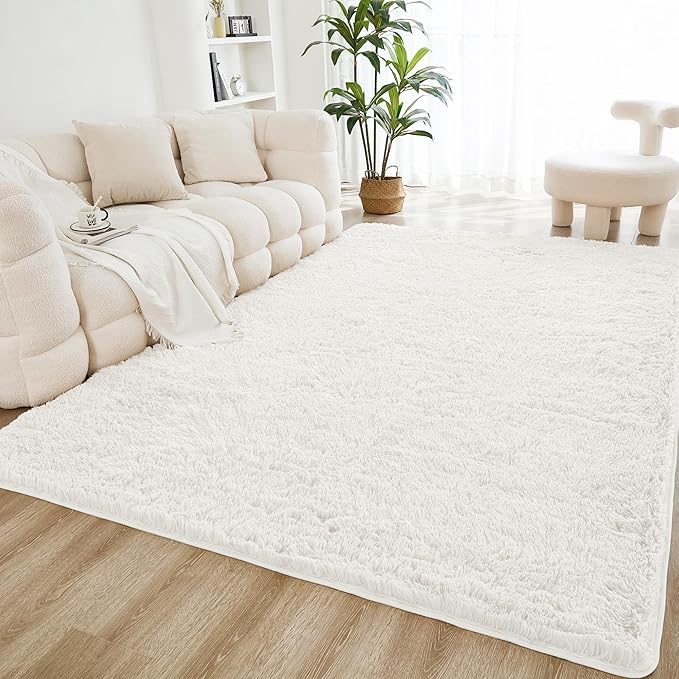 Litanika 9x12 Shag Area Rug for Living Room Bedroom, White High Pile Ultra Soft Plush Shaggy Furry Bedside Playroom Dorm Carpet, Non-Slip, Non-Shedding Modern Indoor Floor Rug