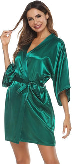 Vlazom Womens Kimono Robes Dressing Gown Satin Bathrobe Nightdress Short Style Bridal Robe