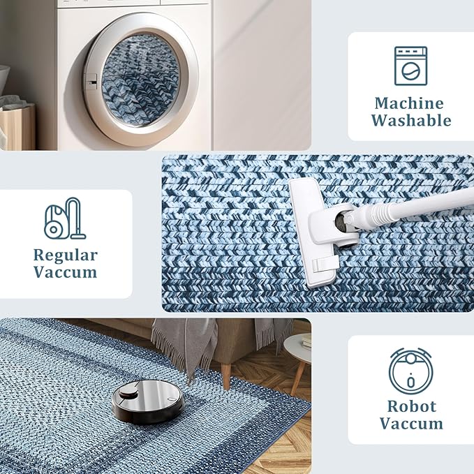RUGSREAL 8x10 Braided Print Area Rug Washable Rug Non Slip Farmhouse Rustic Floor Carpet Boho Dining Room Carpet Modern Geometric Throw Floor Cover Bohemian Border Rug for Living Room Bedroom, Blue