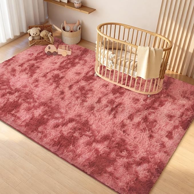 Litanika 3x5 Fluffy Shag Faux Fur Area Rug for Living Room Bedroom, Tie-Dyed Dark Red High Pile Soft Plush Shaggy Furry Bedside Playroom Dorm Carpet, Non-Slip, Non-Shedding Modern Indoor Floor Rug