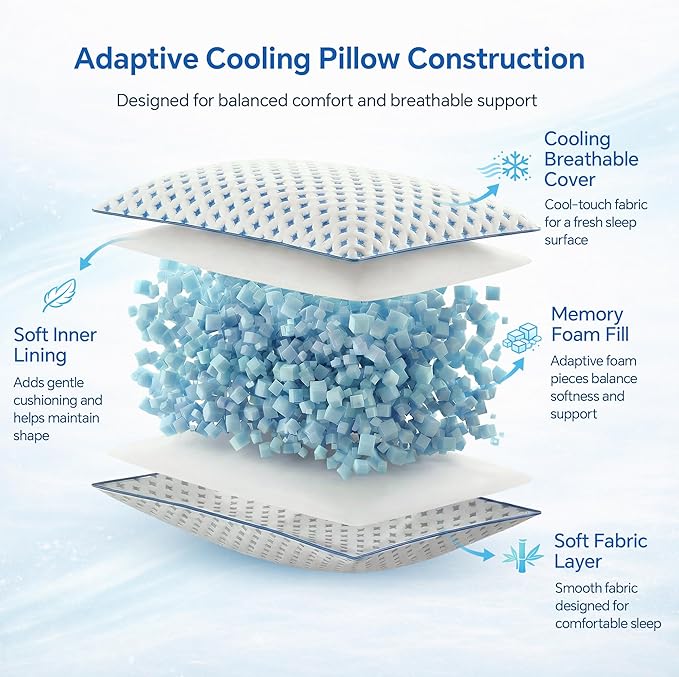 Queen Size Pillow 1 Pack for Sleeping, Cooling Adjustable Memory Foam Pillow, Dual Fill Design Helps Maintain Shape, Breathable Washable Cover