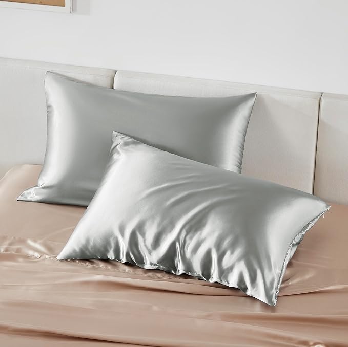 Bedsure Satin Pillowcase with Zipper, Similar to Silk Pillow Cases 2 Pack, Grey Satin Pillow Cases Standard Size, Silky & Soft Pillow Covers for Hair and Skin, Gifts for Women Men, 20x26 Inches