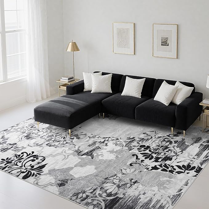 CRYPTOLITE Area Rugs 8x10 Rug for Living Room Abstract Washable Rug with Non-Slip Backing Low Pile Area Rug for Bedroom, Dining Room, Grey