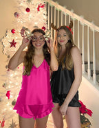 Ekouaer Satin Pajama Set for Women Silk Pjs for Women Set Camisole Top and Shorts with Ruffle Sleepwear
