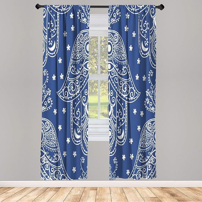 Lunarable Hamsa Window Curtains, Egyptian Boho Hand Shape Pattern Eye Design Bridal Night Inspired Art, Lightweight Decorative 2-Panel Set & Rod Pocket, Pair of - 28" x 84", Cobalt Blue