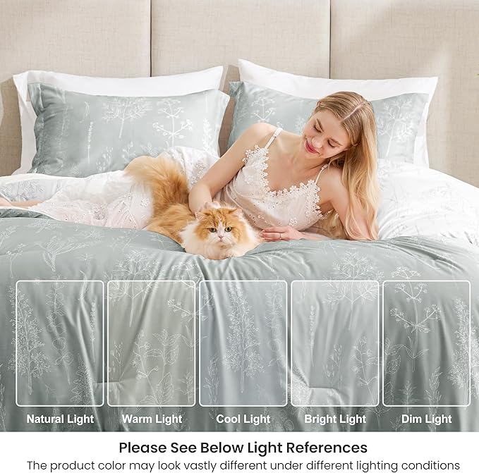 Love's cabin Grey Full Size Comforter Set - Full Comforter Set, 3 Pieces Cute Floral Bedding Sets for All Seasons,1 Soft Reversible Botanical Flowers Comforter and 2 Pillow Shams