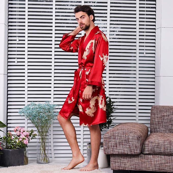 Mens Satin Robe,Silk Long Sleeve House Kimono Bathrobe,Soft Loungewear Dragon Robe