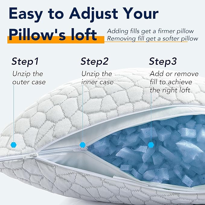 QUTOOL Cooling Pillow for Sleeping, CertiPUR-US Shredded Memory Foam Queen Pillow Set of 1, Cool Pillow for Hot Sleepers Adjustable Firm Pillow for Side, Back, Stomach Sleepers Soft Yet Support, White