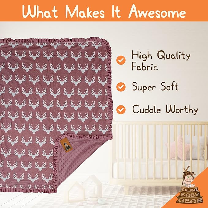 Dear Baby Gear - Reversible Baby Blankets - Soft Nursery Blanket for Newborn - Toddler Blankey - Throw Blanket for Boys & Girls - Infant Blankets - 40x30 (Antler Dusty Rose - Pink Ruffle)