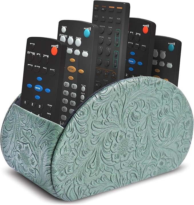 QIELIZI Remote Control Holder, PU Leather Remote Caddy Desktop Organizer with 5 Spacious Compartments for TV Remotes/Media Controllers/Office Supplies (1-Carved3 Green1