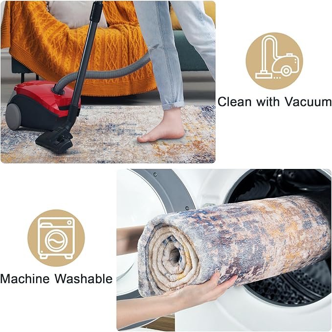 Area Rug 8x10 Washable Rugs Modern Abstract Area Rug Soft Non-Slip Non-Shedding Faux Wool Stain Resistant Floor Carpets for Living Room Bedroom Dining Room Kids Room Home Office (Beige, Brown)