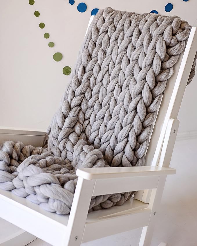 Throw Blanket Full Size 54"x75" for Bed - Chunky Knit Blanket, Boho Throw Blanket for Couch 100% Merino Wool (Grey, 54"x75")