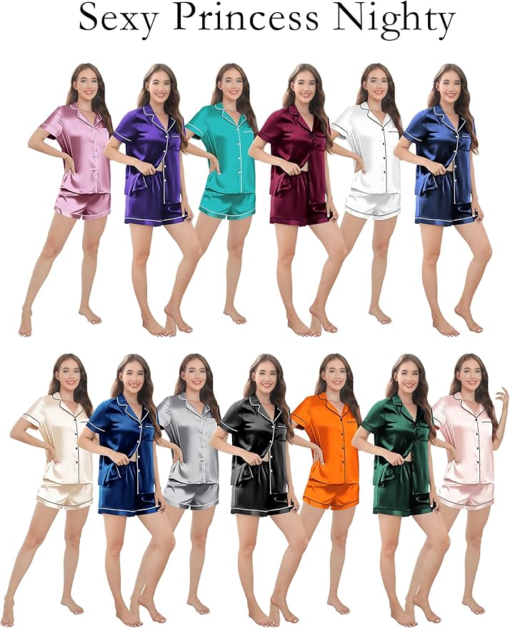 Silk Pajamas for Women Satin Womens PJ Set 2 Piece Short Lounge Set Summer Sleepwear Notch Collar Button-Down Pjs