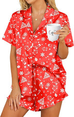 HOTOUCH Womens Satin Pajamas Set Button Down 2 Piece Silk Pjs Shorts Set Ruffle Lingerie Notch Collar Sleepwear