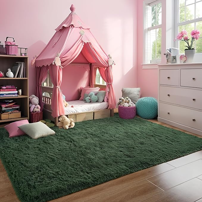 Deep Green Area Rugs 4x6 Feet Rug for Bedroom Living Room, Cute Indoor Shaggy Carpets, Plush Soft Rug for Kids Room, Fluffy Rugs for Girls Boys Nursery Room Home Decor