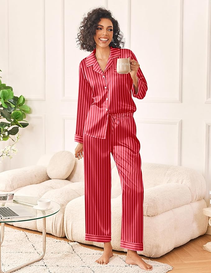 Ekouaer Womens Silk Satin Pajama Sets 2 Piece Sleepwear Pjs Set Long Sleeve Button Down Top and Pants Stripe Loungewear S-XXL