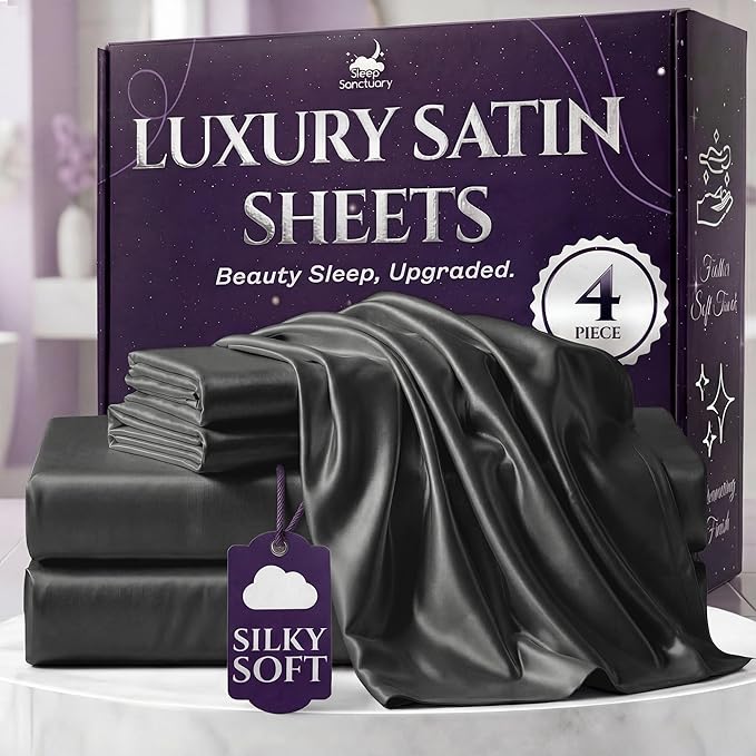 SLEEP SANCTUARY Satin Sheets Full Size – 4 Piece Luxury Silky Bed Set, Softer Than Silk, 15" Deep Pocket, Cooling & Wrinkle-Free, Moisture-Wicking & Breathable for Hair & Skin (Stone Grey)
