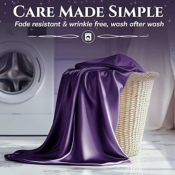 SLEEP SANCTUARY Satin Sheets King Size – 4 Piece Luxury Silky Bed Set, Softer Than Silk, 15" Deep Pocket, Cooling & Wrinkle-Free, Moisture-Wicking & Breathable for Hair & Skin (Purple)