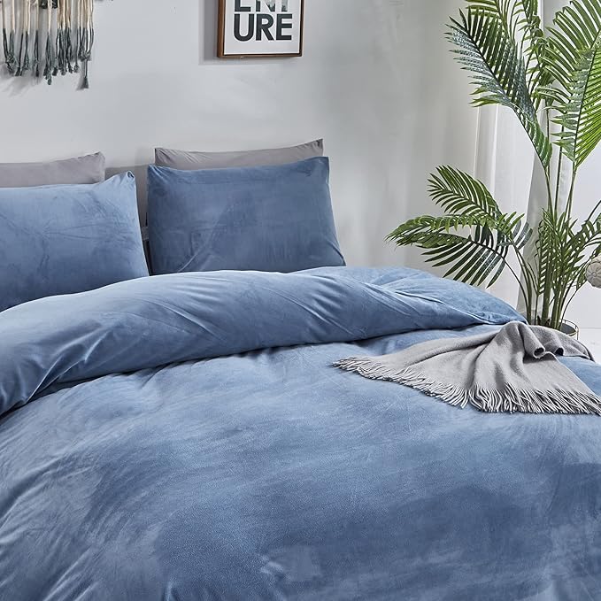 Cottonight Velvet Comforter Set - California King, Lake Blue Flannel Bedding - Thick Heavyweight, Warm Blanket Quilts - Winter 3 Piece Set for Cal King Bed