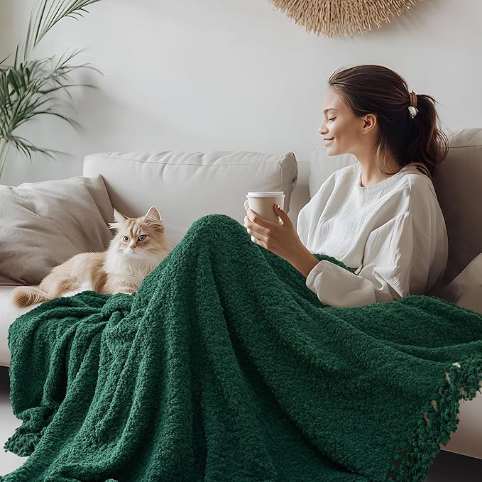 Throw Blanket for Couch, Dark Green Luxury Knitted Throws 60"x80", Textured Blankets with Handmade Fringe Tassels for Bed Sofa Decorative, Chunky Soft Farmhouse Boho Home Decor
