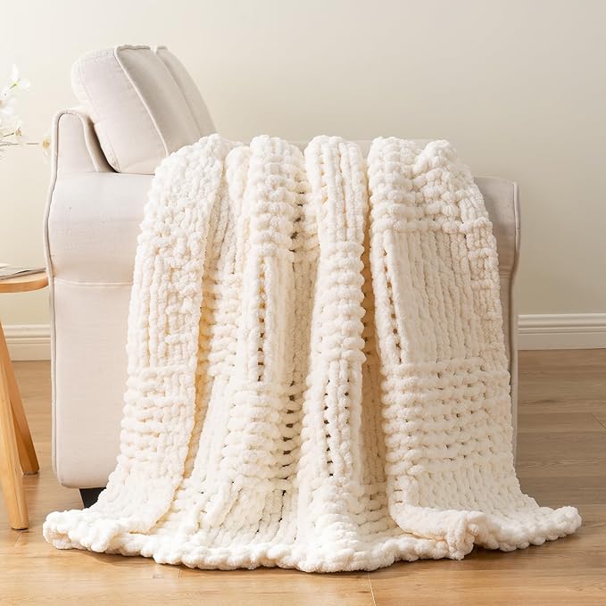 Bunnikins & Clover Cream White Hand Knitted Blanket with Chenille Yarn, Chunky Knit Ivory Throw Blanket for Bed Living Room Home Decor, 50"x60"