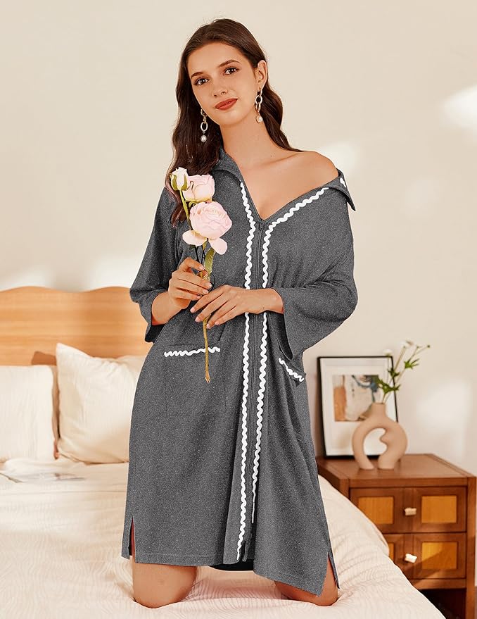 Ekouaer Women Zipper Robe Lightweight House Coat Zipper Front Short Bathrobes Soft Nightgown with Pockets S-3XL