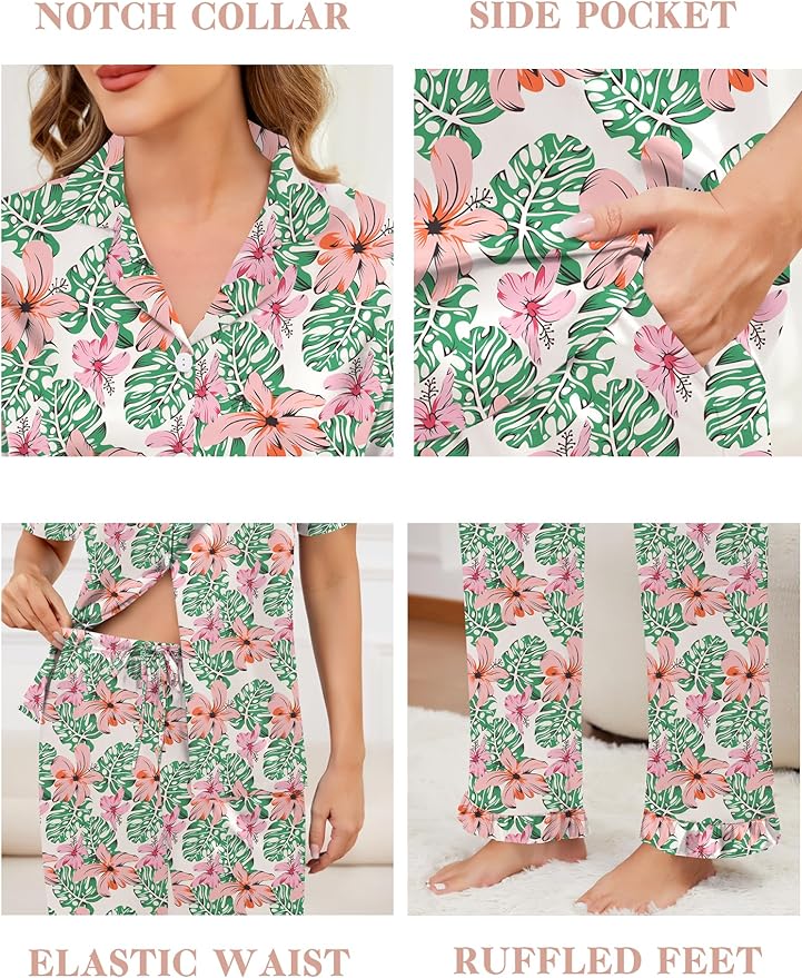 SWOMOG Women Satin Pajamas Set Short Sleeve Top & Pants Sleepwear Silky Button Down Nightwear 2pcs Loungewear Pjs Set