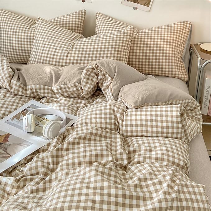 Nayoroom Gingham Duvet Cover King Size Brown Tan Plaid Checkered Comforter Cover 3 Pieces Soft Lightweight Washed Microfiber Farmhouse Grid Dorm Bedding Set with Pillowcases